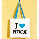 Bk Gift I Love Fethiye Turkuaz Renkli Kulp Gabardin Bez Çanta 40X35CM, Baskılı Omuz Çantası, Alışveriş Çantası, Plaj Çantası - 40 x 35 cm