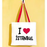 Bk Gift I Love Istanbul Kırmızı Renkli Kulp Gabardin Bez Çanta 40X35CM, Baskılı Omuz Çantası, Alışveriş Çantası, Plaj Çantası - 40 x 35 cm