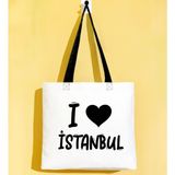 Bk Gift I Love Istanbul Siyah Renkli Kulp Gabardin Bez Çanta 40X35CM, Baskılı Omuz Çantası, Alışveriş Çantası, Plaj Çantası - 40 x 35 cm