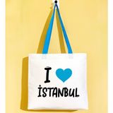Bk Gift I Love Istanbul Turkuaz Renkli Kulp Gabardin Bez Çanta 40X35CM, Baskılı Omuz Çantası, Alışveriş Çantası, Plaj Çantası - 40 x 35 cm