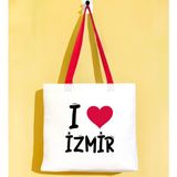 Bk Gift I Love Izmir Kırmızı Renkli Kulp Gabardin Bez Çanta 40X35CM, Baskılı Omuz Çantası, Alışveriş Çantası, Plaj Çantası - 40 x 35 cm