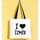 Bk Gift I Love Izmir Siyah Renkli Kulp Gabardin Bez Çanta 40X35CM, Baskılı Omuz Çantası, Alışveriş Çantası, Plaj Çantası - 40 x 35 cm