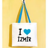 Bk Gift I Love Izmir Turkuaz Renkli Kulp Gabardin Bez Çanta 40X35CM, Baskılı Omuz Çantası, Alışveriş Çantası, Plaj Çantası - 40 x 35 cm