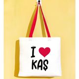 Bk Gift I Love Kaş Kırmızı Renkli Kulp Gabardin Bez Çanta 40X35CM, Baskılı Omuz Çantası, Alışveriş Çantası, Plaj Çantası - 40 x 35 cm