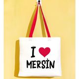 Bk Gift I Love Mersin Kırmızı Renkli Kulp Gabardin Bez Çanta 40X35CM, Baskılı Omuz Çantası, Alışveriş Çantası, Plaj Çantası - 40 x 35 cm