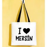 Bk Gift I Love Mersin Siyah Renkli Kulp Gabardin Bez Çanta 40X35CM, Baskılı Omuz Çantası, Alışveriş Çantası, Plaj Çantası - 40 x 35 cm