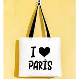 Bk Gift I Love Paris Siyah Renkli Kulp Gabardin Bez Çanta 40X35CM, Baskılı Omuz Çantası, Alışveriş Çantası, Plaj Çantası - 40 x 35 cm