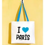 Bk Gift I Love Paris Turkuaz Renkli Kulp Gabardin Bez Çanta 40X35CM, Baskılı Omuz Çantası, Alışveriş Çantası, Plaj Çantası - 40 x 35 cm