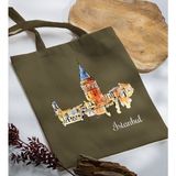 Bk Gift Istanbul Tasarımlı-3 Haki Kumaş Bez Çanta Baskılı Omuz Çantası