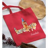 Bk Gift Istanbul Tasarımlı-3 Kırmızı Kumaş Bez Çanta Baskılı Omuz Çantası