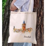 Bk Gift Istanbul Tasarımlı Kanvas Bez Çanta, Baskılı Omuz Çantası, Alışveriş Çantası, Plaj Çantası, Arkadaşa Hediye-4 - Desenli