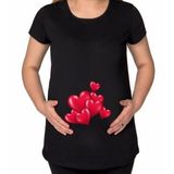 BK Gift Kalpler Tasarımlı Siyah Hamile Tişört-1