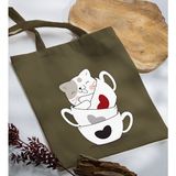 Bk Gift Kedi Tasarımlı-10 Haki Kumaş Bez Çanta Baskılı Omuz Çantası