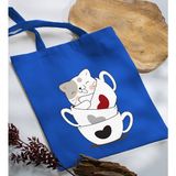 Bk Gift Kedi Tasarımlı-10 Mavi Kumaş Bez Çanta Baskılı Omuz Çantası