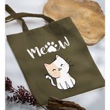 Bk Gift Kedi Tasarımlı-11 Haki Kumaş Bez Çanta Baskılı Omuz Çantası