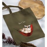 Bk Gift Kedi Tasarımlı-2 Haki Kumaş Bez Çanta Baskılı Omuz Çantası