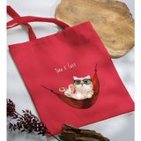 Bk Gift Kedi Tasarımlı-2 Kırmızı Kumaş Bez Çanta Baskılı Omuz Çantası