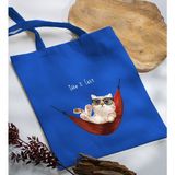 Bk Gift Kedi Tasarımlı-2 Mavi Kumaş Bez Çanta Baskılı Omuz Çantası