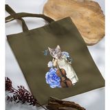 Bk Gift Kedi Tasarımlı-3 Haki Kumaş Bez Çanta Baskılı Omuz Çantası