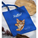 Bk Gift Kedi Tasarımlı-4 Mavi Kumaş Bez Çanta Baskılı Omuz Çantası