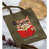 Bk Gift Kedi Tasarımlı-5 Haki Kumaş Bez Çanta Baskılı Omuz Çantası