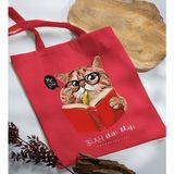 Bk Gift Kedi Tasarımlı-5 Kırmızı Kumaş Bez Çanta Baskılı Omuz Çantası