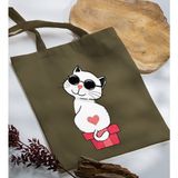 Bk Gift Kedi Tasarımlı-6 Haki Kumaş Bez Çanta Baskılı Omuz Çantası