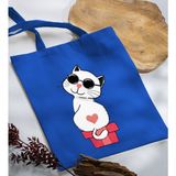 Bk Gift Kedi Tasarımlı-6 Mavi Kumaş Bez Çanta Baskılı Omuz Çantası