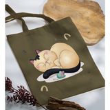 Bk Gift Kedi Tasarımlı-7 Haki Kumaş Bez Çanta Baskılı Omuz Çantası