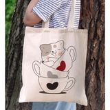 BK Gift Kedi Tasarımlı Kanvas Bez Çanta, Baskılı Omuz Çantası, Alışveriş Çantası, Plaj Çantası10 - Bej