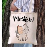 BK Gift Kedi Tasarımlı Kanvas Bez Çanta, Baskılı Omuz Çantası, Alışveriş Çantası, Plaj Çantası11 - Bej