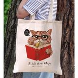BK Gift Kedi Tasarımlı Kanvas Bez Çanta, Baskılı Omuz Çantası, Alışveriş Çantası, Plaj Çantası5 - Bej