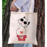 BK Gift Kedi Tasarımlı Kanvas Bez Çanta, Baskılı Omuz Çantası, Alışveriş Çantası, Plaj Çantası6 - Bej
