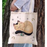BK Gift Kedi Tasarımlı Kanvas Bez Çanta, Baskılı Omuz Çantası, Alışveriş Çantası, Plaj Çantası7 - Bej