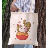 BK Gift Kedi Tasarımlı Kanvas Bez Çanta, Baskılı Omuz Çantası, Alışveriş Çantası, Plaj Çantası9 - Bej
