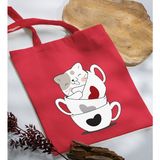 Bk Gift Kedi Tasarımlı Kırmızı-10 Kumaş Bez Çanta Baskılı Omuz Çantası