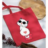 Bk Gift Kedi Tasarımlı Kırmızı-6 Kumaş Bez Çanta Baskılı Omuz Çantası