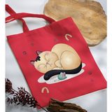 Bk Gift Kedi Tasarımlı Kırmızı-7 Kumaş Bez Çanta Baskılı Omuz Çantası