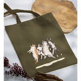 Bk Gift Kediler Tasarımlı-2 Haki Kumaş Bez Çanta Baskılı Omuz Çantası
