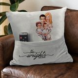 Bk Gift Kişiye Özel Aile Karikatür Tasarımlı Organizer Kumanda ve Atıştırmalık Cepli Gri Kırlent Yastık-10 Arkadaşa , Cepli Yastık