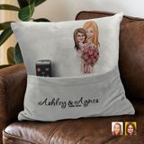 Bk Gift Kişiye Özel Anne Kız Karikatür Tasarımlı Organizer Kumanda ve Atıştırmalık Cepli Gri Kırlent Yastık-20 Arkadaşa , Cepli Yastık