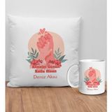 Bk Gift Kişiye Özel Anne Tasarımlı Beyaz Kırlent Yastık ve Kupa Seti-3, Anneye , Anneler Günü leri