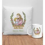 Bk Gift Kişiye Özel Anne Tasarımlı Beyaz Kırlent Yastık ve Kupa Seti-5, Anneye , Anneler Günü leri