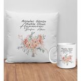 Bk Gift Kişiye Özel Anne Tasarımlı Beyaz Kırlent Yastık ve Kupa Seti-9, Anneye , Anneler Günü leri