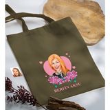 Bk Gift Kişiye Özel Anneler Günü Karikatürlü Haki Kumaş Bez Çanta, Baskılı Omuz Çantası, Alışveriş Çantası, Anneye Hediye-2