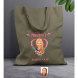 Bk Gift Kişiye Özel Anneler Günü Karikatürlü Haki Kumaş Bez Çanta, Baskılı Omuz Çantası, Alışveriş Çantası, Anneye Hediye-5