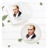 Bk Gift Kişiye Özel Atatürk Temalı Beyaz Kupa Bardak ve Yuvarlak Ahşap Bardak Altlığı Hediye Seti -12