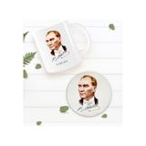 Bk Gift Kişiye Özel Atatürk Temalı Beyaz Kupa Bardak ve Yuvarlak Ahşap Bardak Altlığı Hediye Seti -15