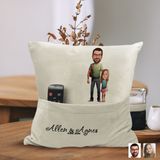 Bk Gift Kişiye Özel Baba Kız Karikatür Tasarımlı Organizer Kumanda ve Atıştırmalık Cepli Sarı Kırlent Yastık-20 Arkadaşa , Cepli Yastık