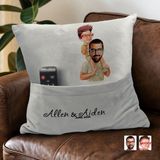 Bk Gift Kişiye Özel Baba Oğul Karikatür Tasarımlı Organizer Kumanda ve Atıştırmalık Cepli Gri Kırlent Yastık-20 Arkadaşa , Cepli Yastık